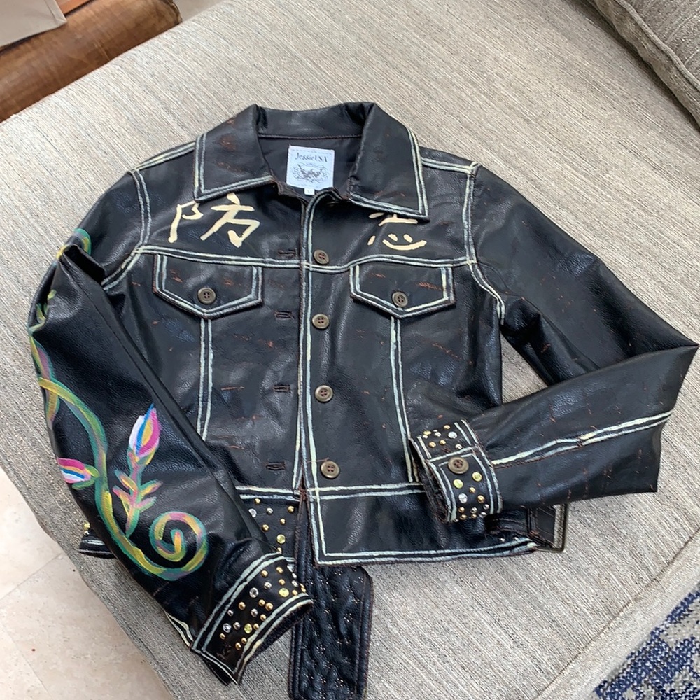 Rare Vintage Hand Painted Vegan Leather Jacket  XS